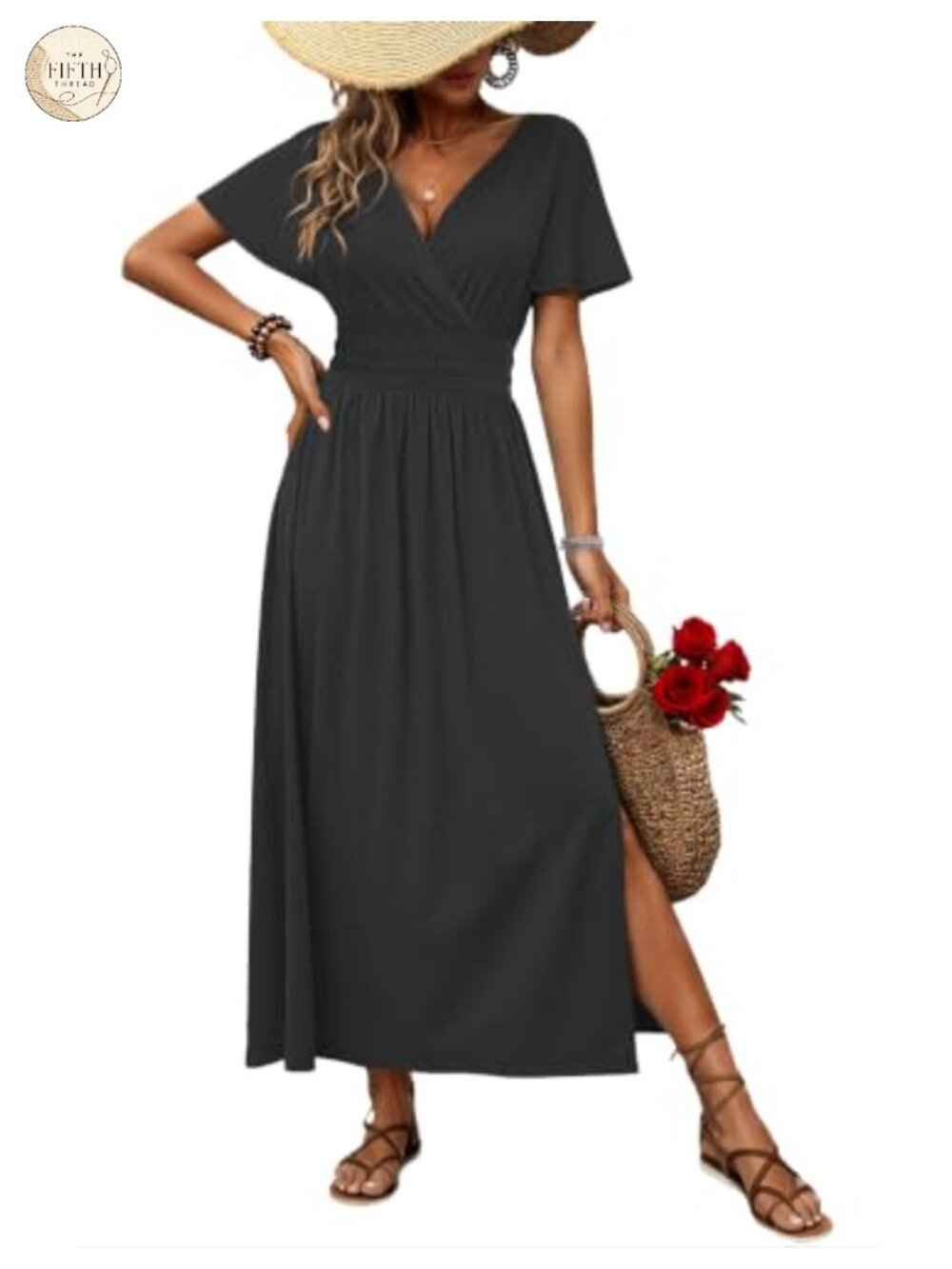 Floral Maxi Dress V-Neck Flutter Sleeve Side Slit Pockets